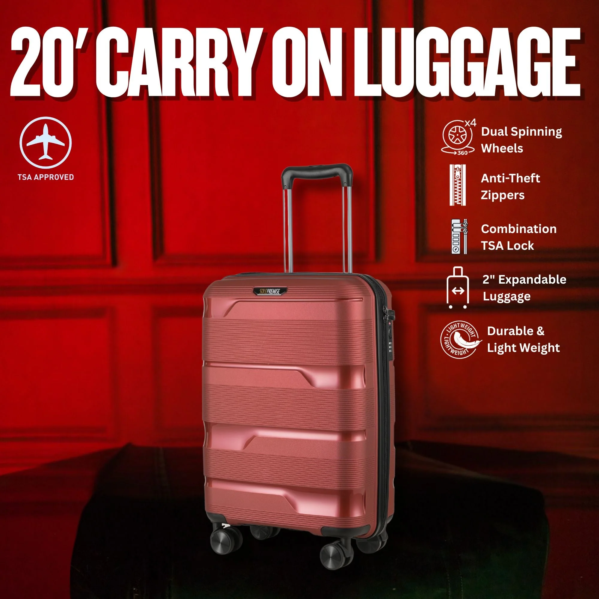 20-inch Red Carry-On Hardcase Roller Luggage with 360° Wheels