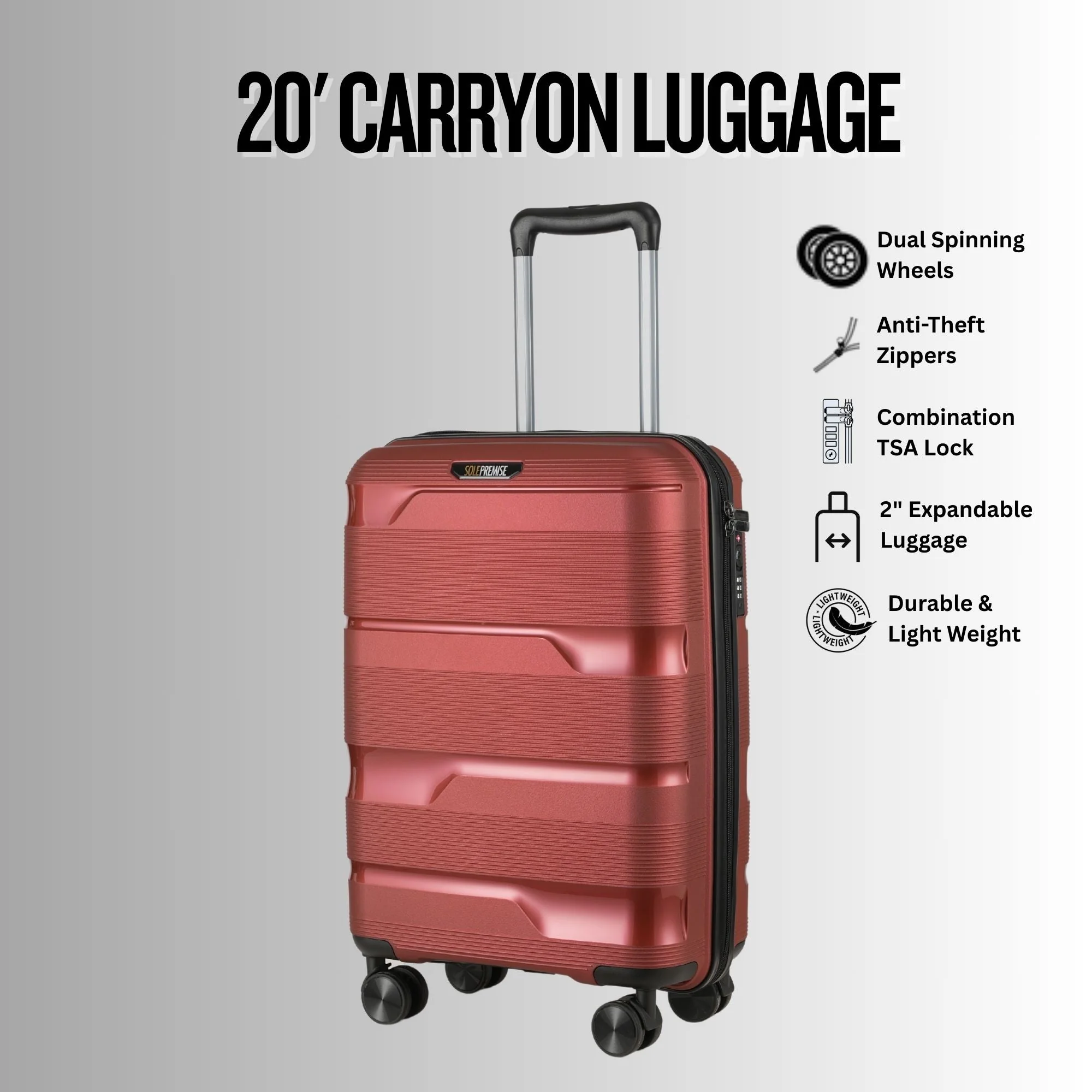 20-inch Red Carry-On Hardcase Roller Luggage with 360° Wheels - Image 9