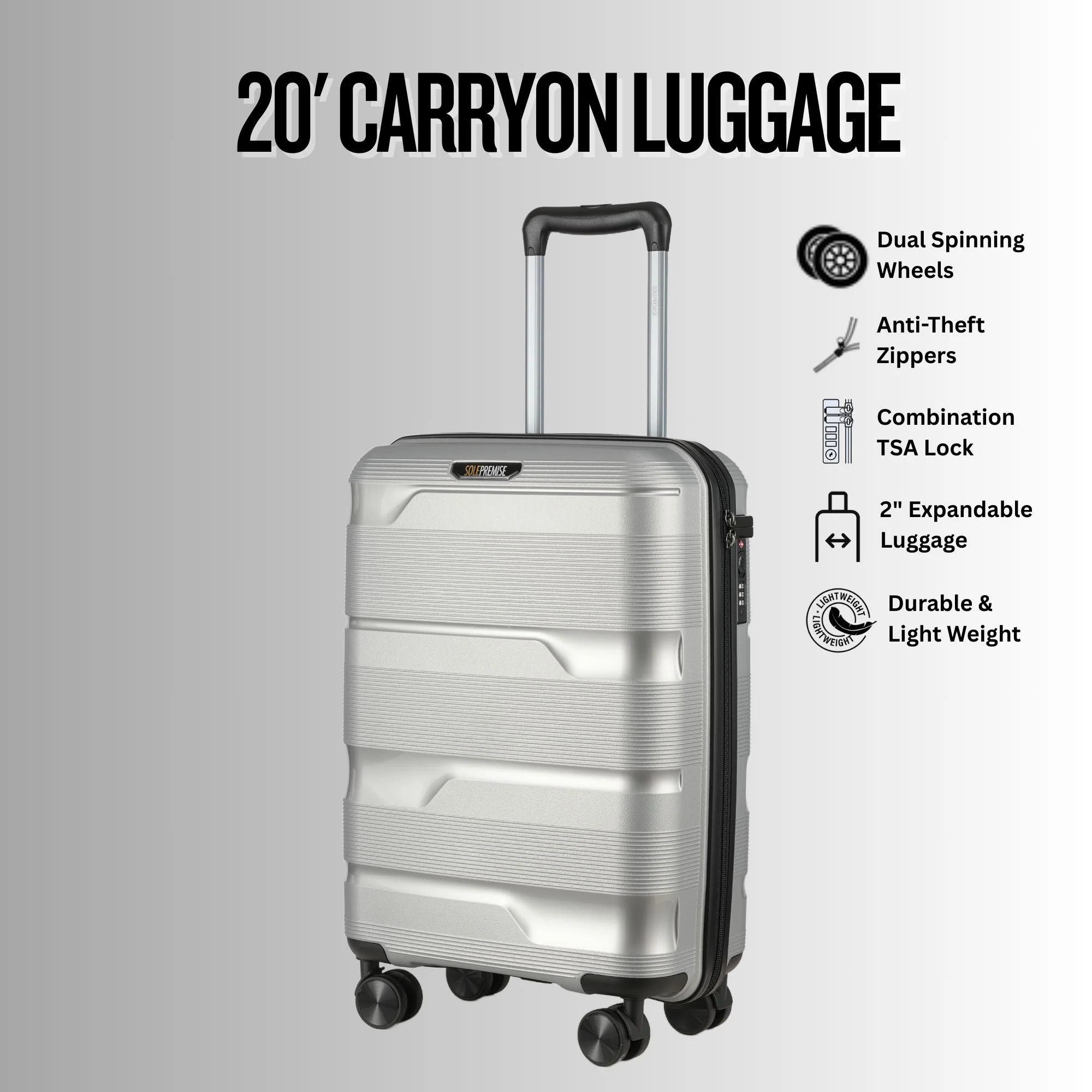 20-inch Silver Carry-On Hardcase Roller Luggage with 360° Wheels - Image 9