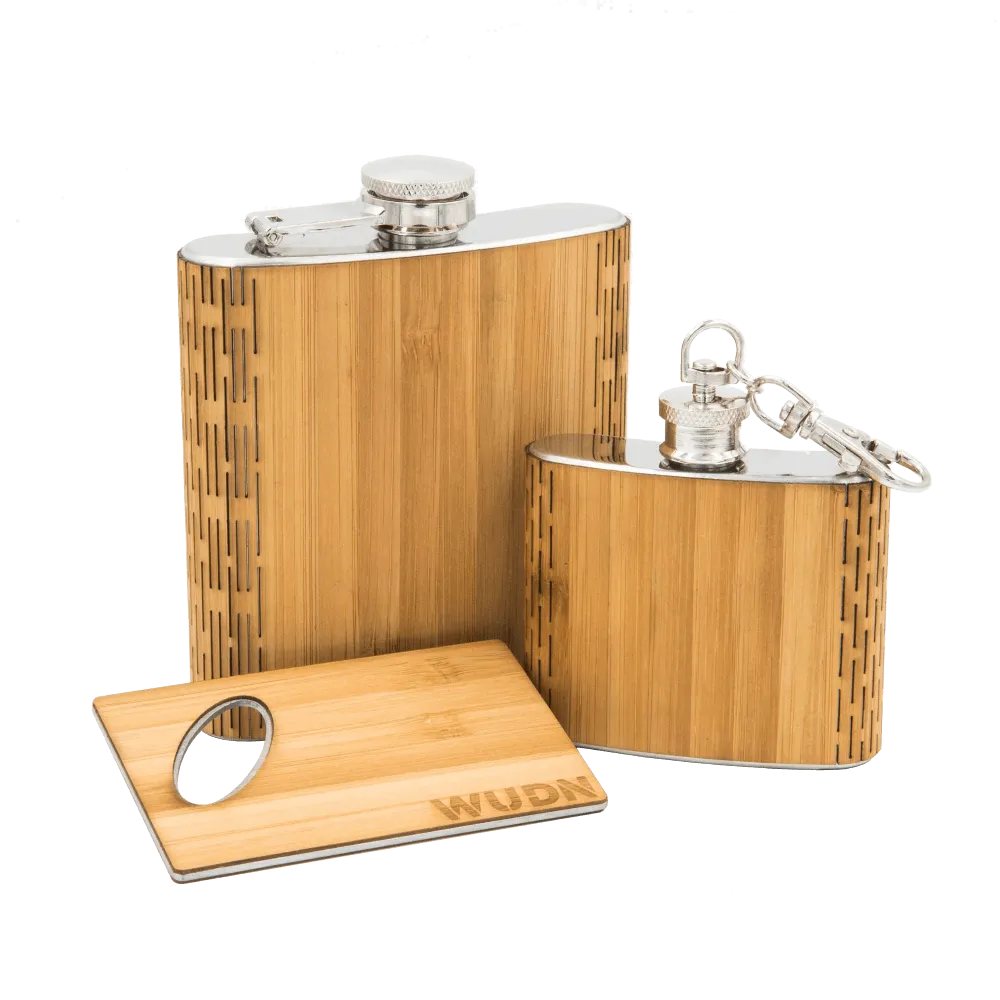 3-Piece Wooden Flask Set (6 oz. Hip Flask, 2 oz. Keychain Flask, Credit Card Bottle Opener) - Image 2