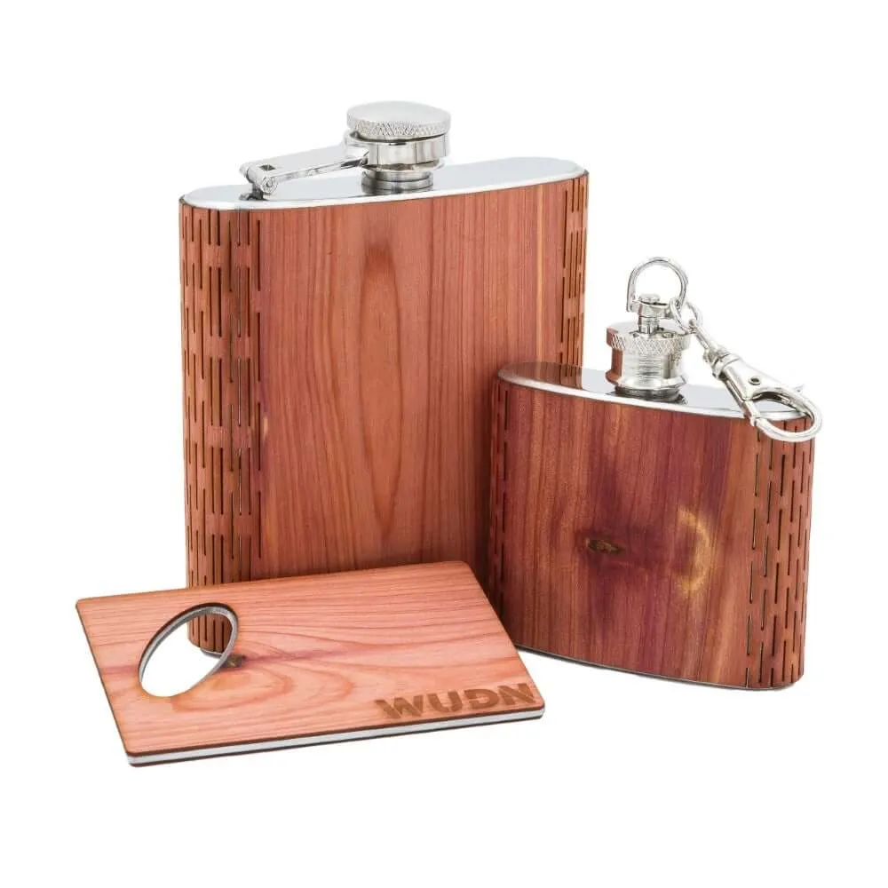 3-Piece Wooden Flask Set (6 oz. Hip Flask, 2 oz. Keychain Flask, Credit Card Bottle Opener) - Image 3