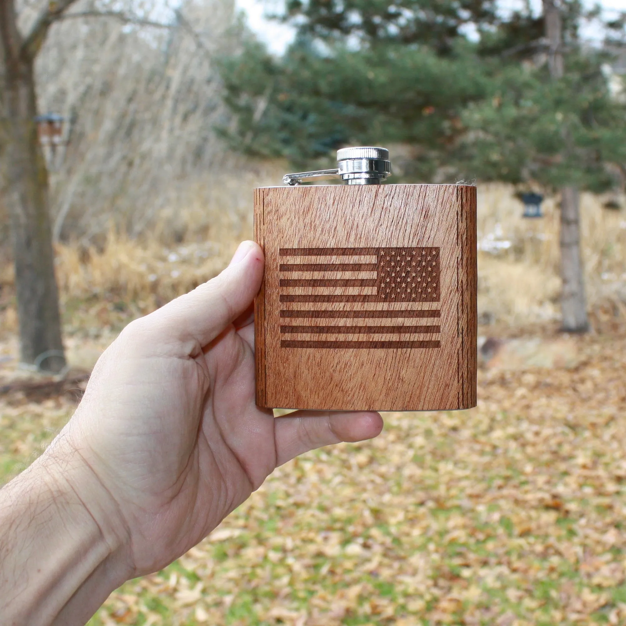 6 oz Wooden American Flag Hip Flask - Image 9