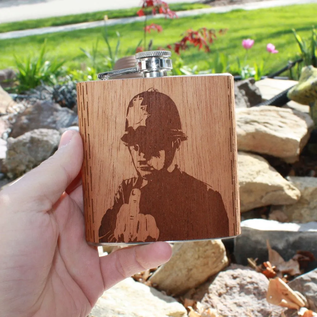 6 oz. Wooden Hip Flask (Banksy UK Policeman in Mahogany) - Image 2