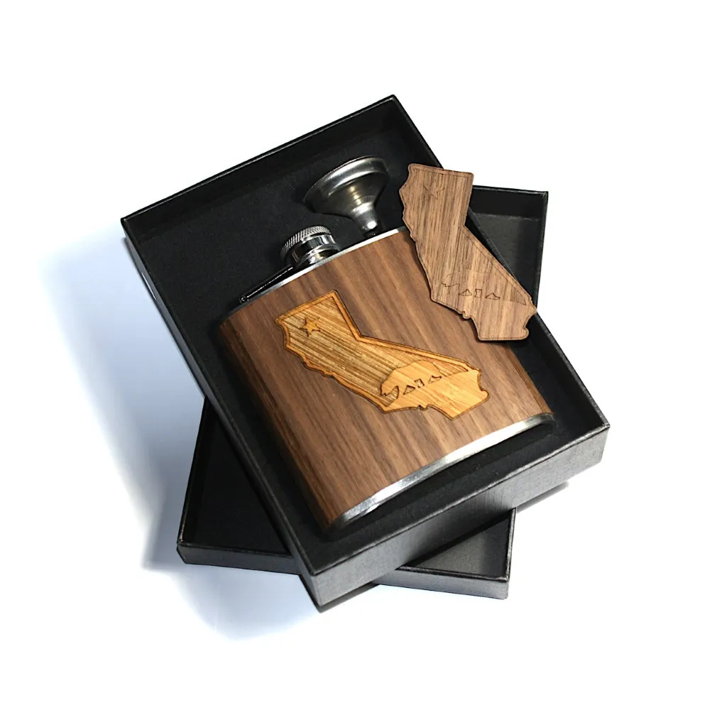 6 oz Wooden Hip Flask (California Republic in Black Walnut & Carmalized Bamboo) - Image 3