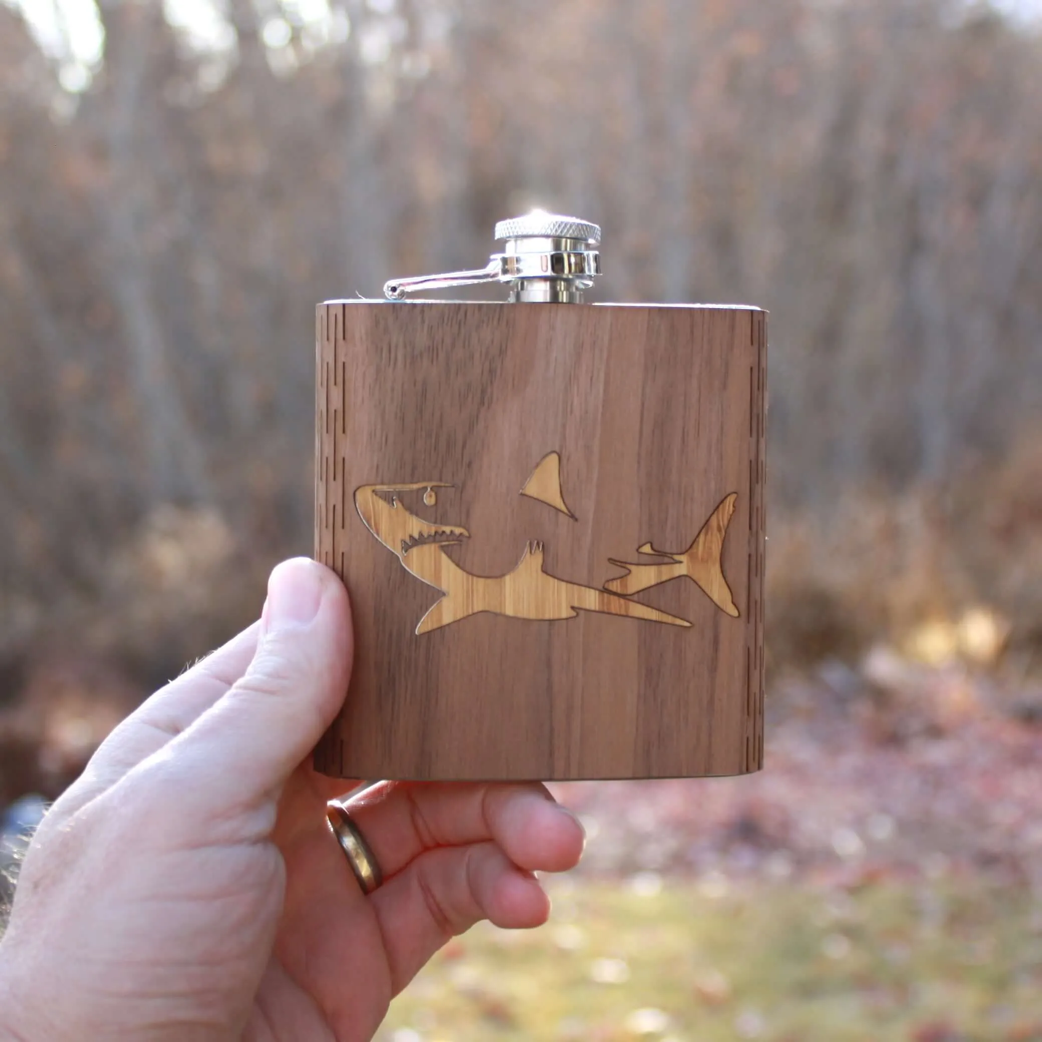 6 oz. Wooden Hip Flask - Great White Shark - Image 2