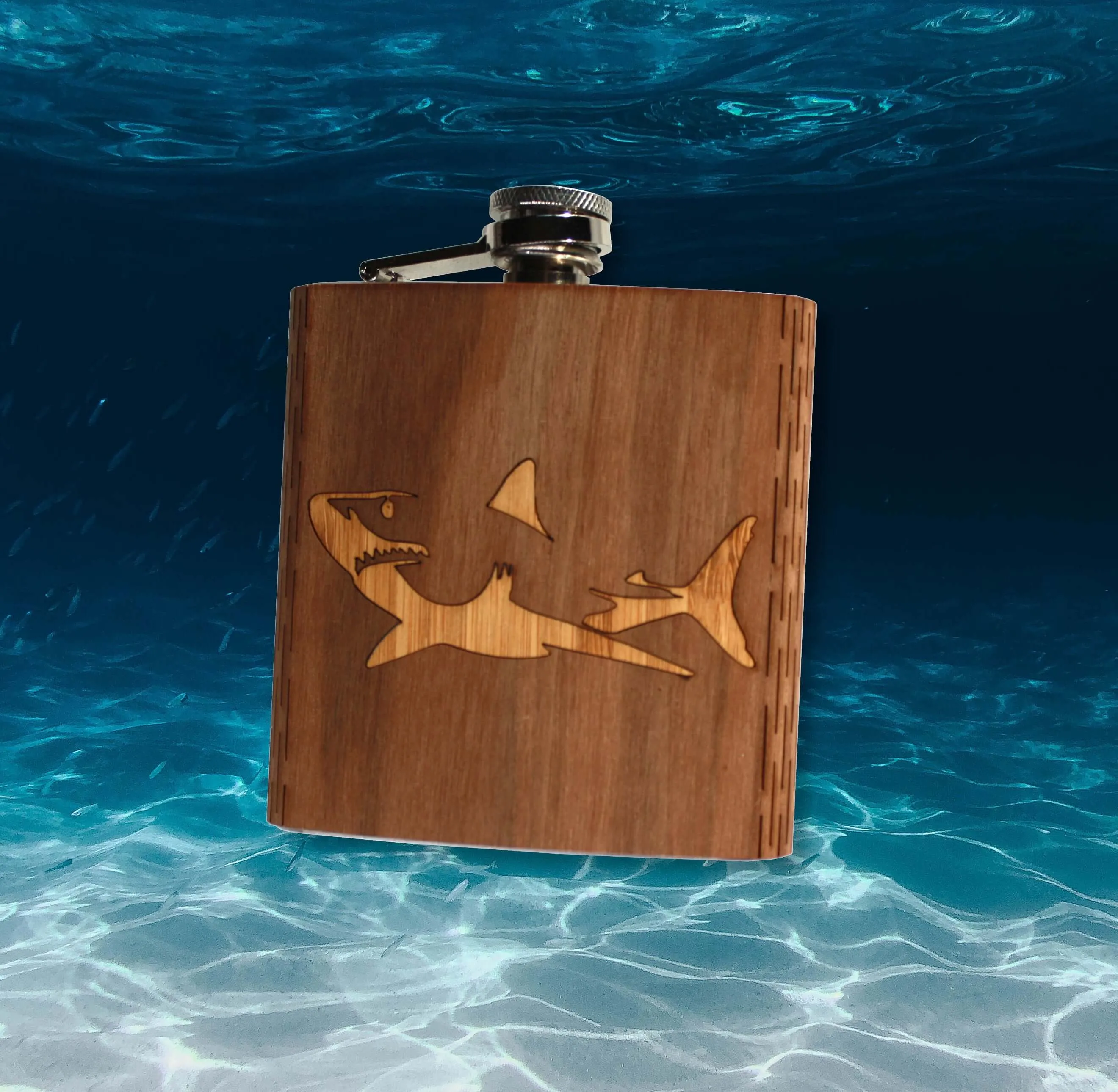 6 oz. Wooden Hip Flask - Great White Shark - Image 6