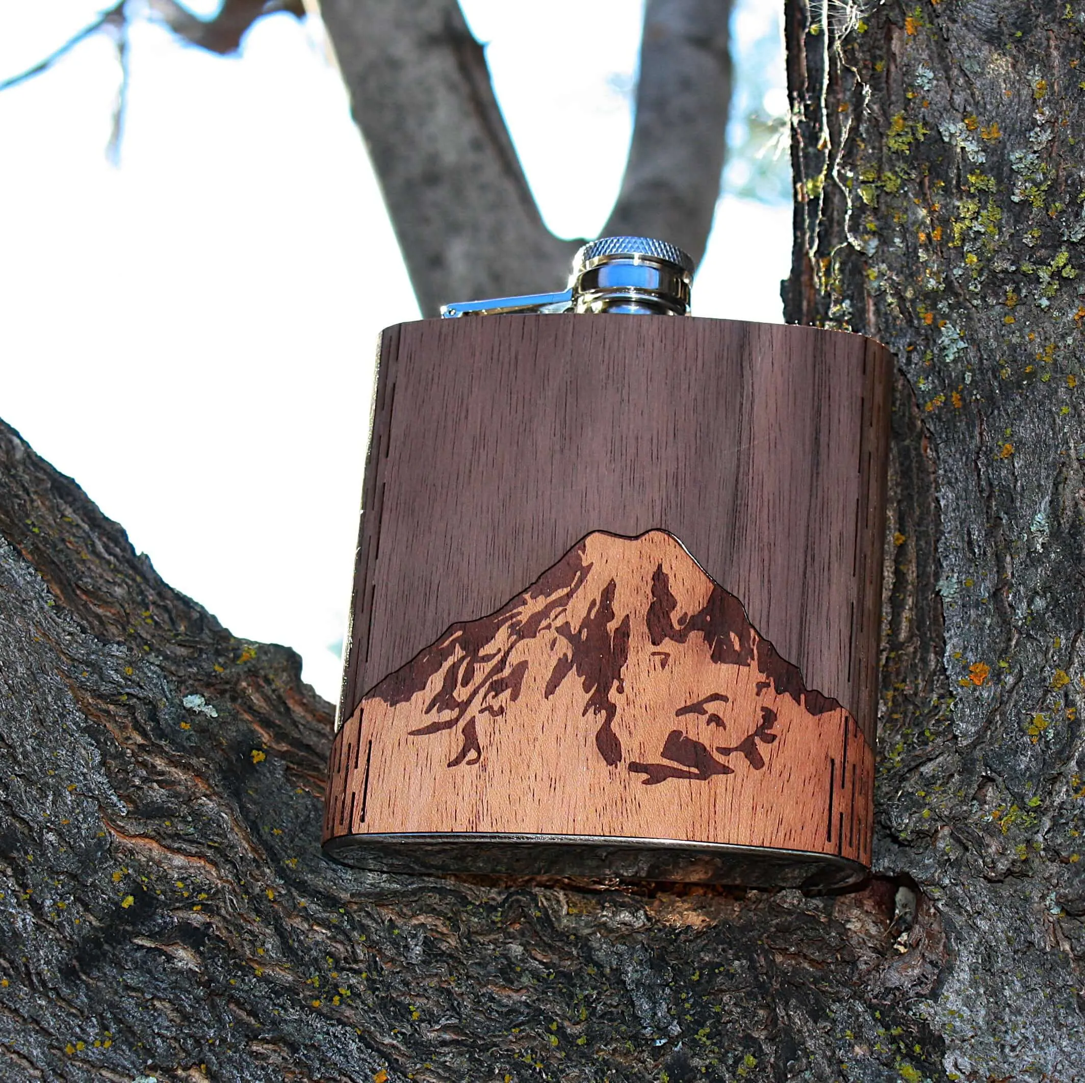 6 oz. Wooden Hip Flask (Mt. Rainier in Mahogany & Black Walnut) - Image 3