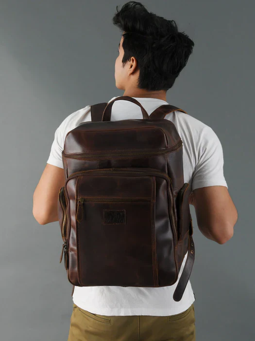 Alpha Brown Buffalo Leather Travel Backpack - Image 7