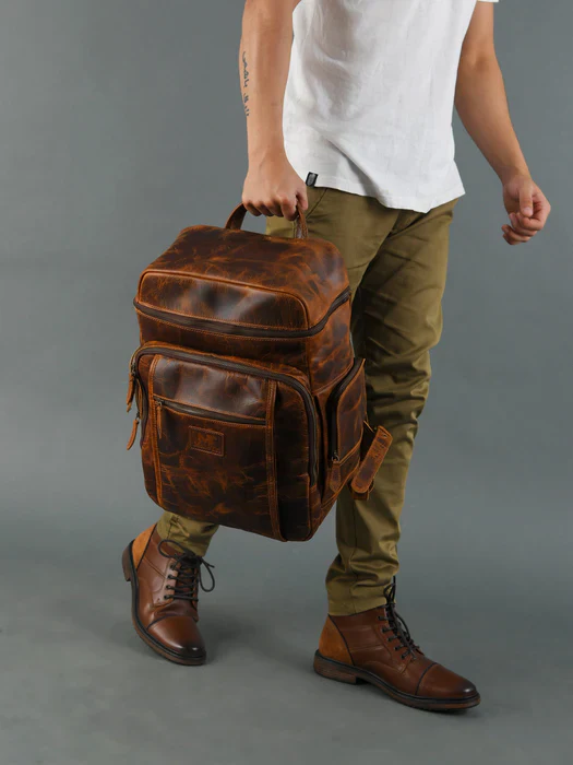Alpha Caramel Buffalo Leather Travel Backpack - Image 2