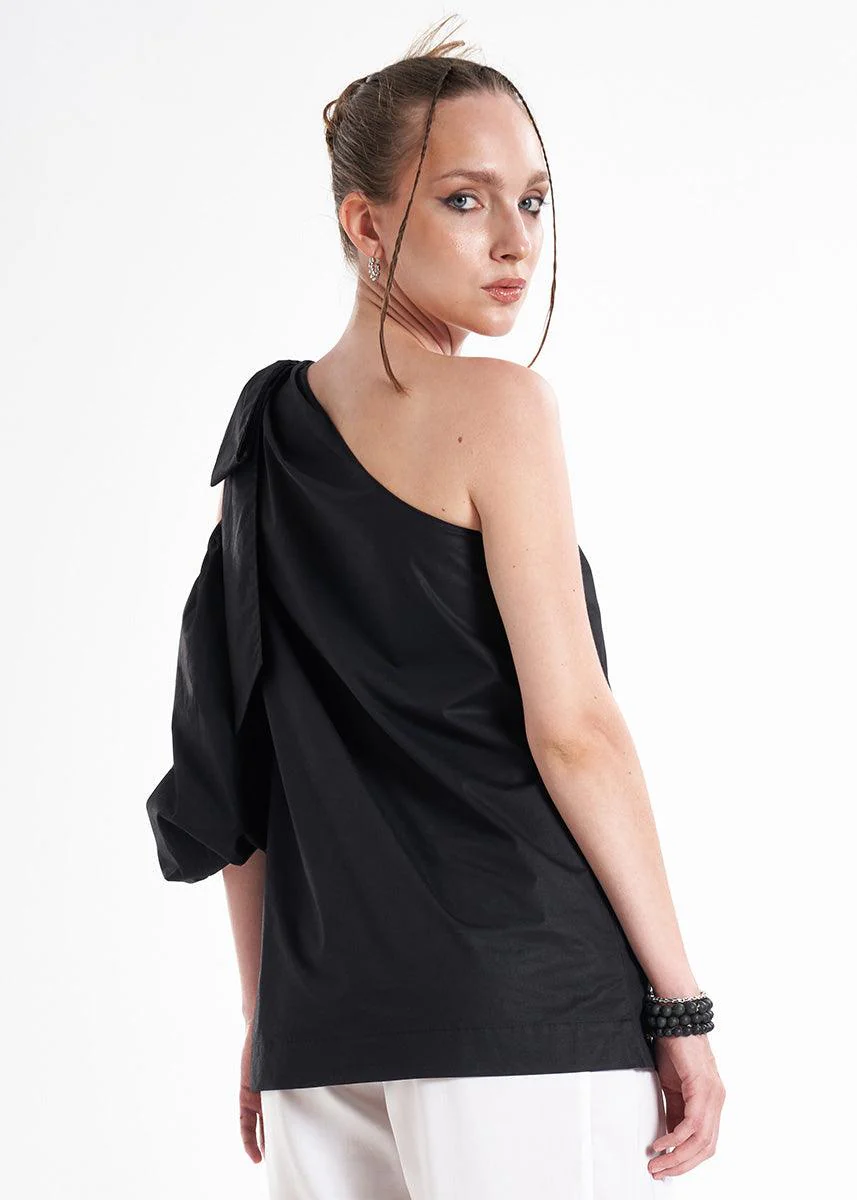 Amuri One Shoulder Black Premium Poplin Blouse - Image 3