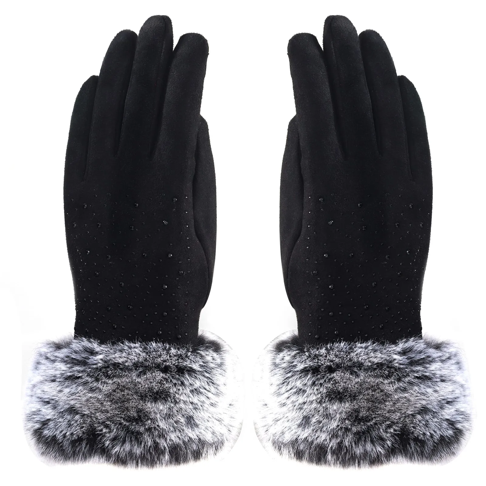 Audrey Faux Fur Gloves in Black with Black Crystals - Image 2