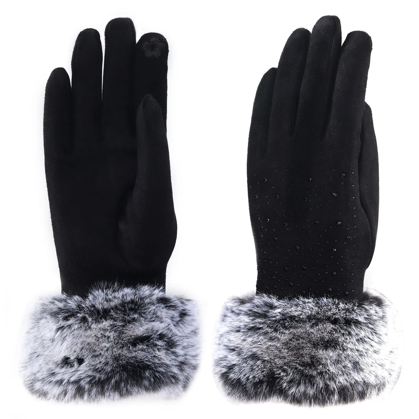 Audrey Faux Fur Gloves in Black with Black Crystals - Image 3