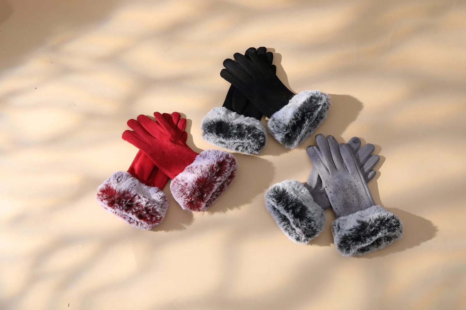 Audrey Faux Fur Gloves in Black with Black Crystals - Image 6