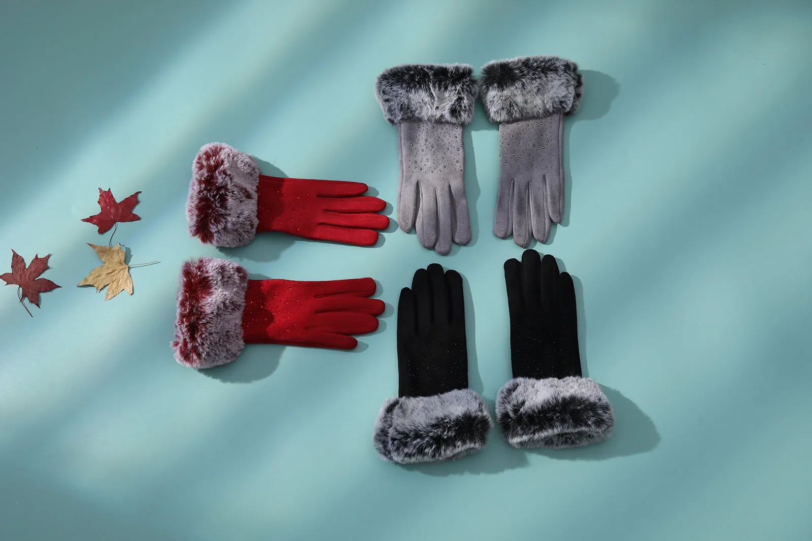 Audrey Faux Fur Gloves in Black with Black Crystals - Image 7