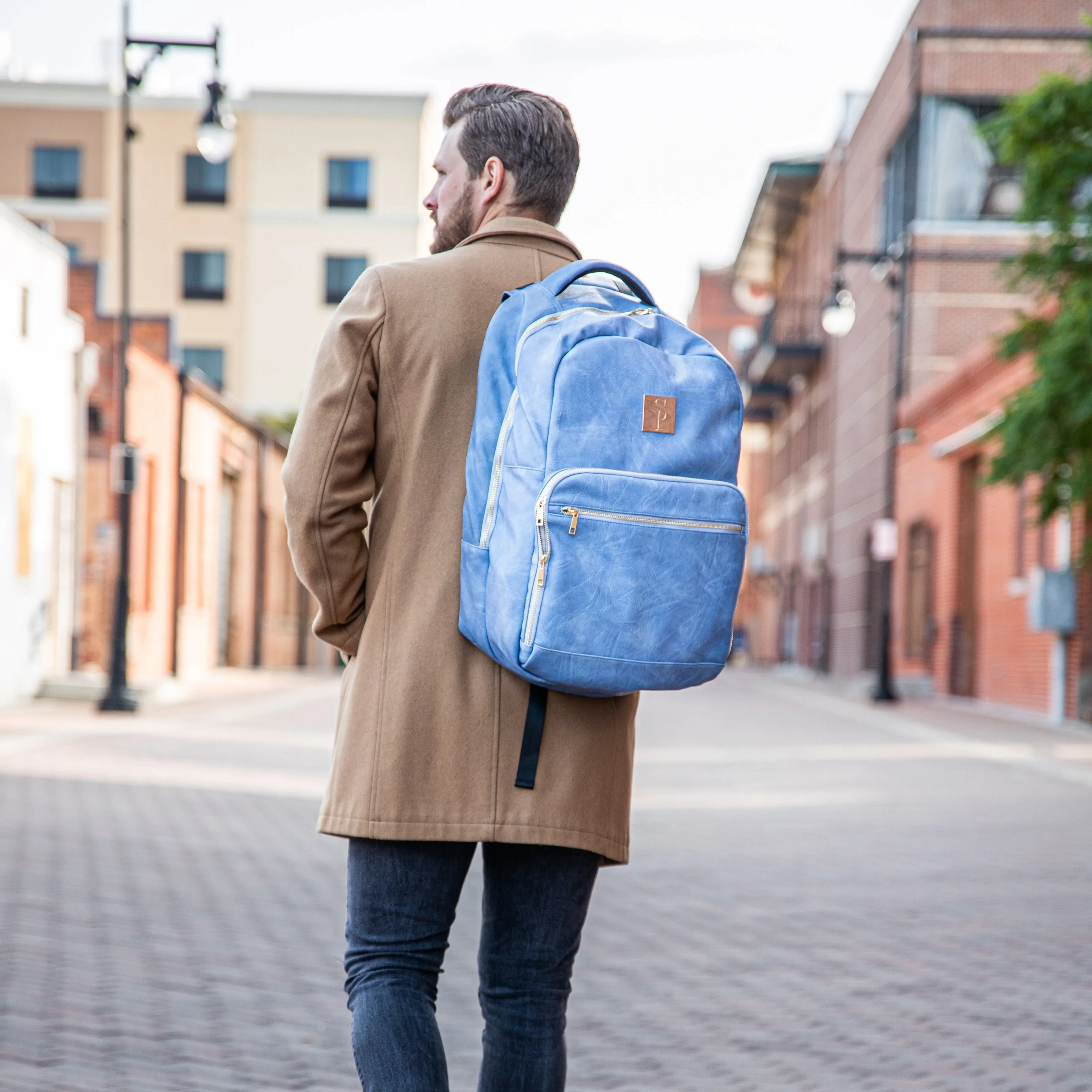 Baby Blue Backpack Tumbled Leather Commuter Bag - Image 3