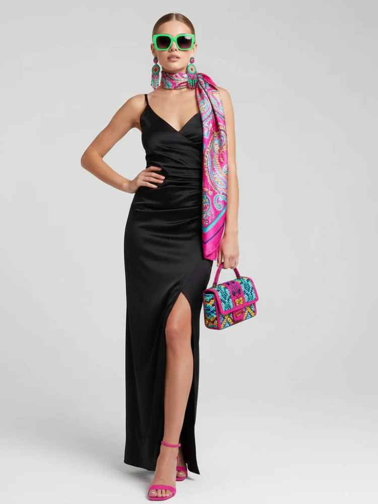 Black Backless V-Neck Slit Dress For Women, Fitted, Greenwich Village, BYMANYC New York. - Image 2
