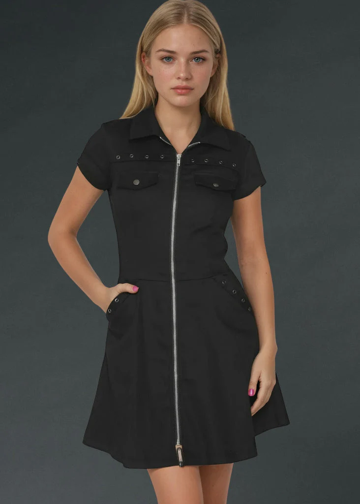 Black Gothic Mini Dress with Front Zipper - Image 2