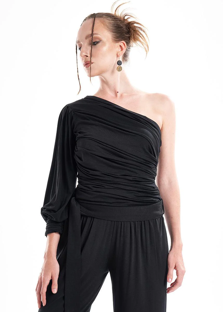 Black Knit 2-Piece Set With An Asymmetrical One-Sleeve Blouse And Palazzo Pants - Image 2