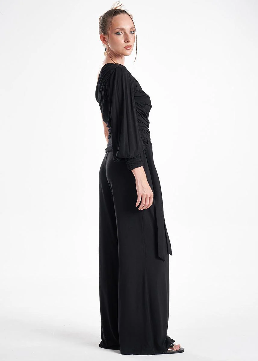 Black Knit 2-Piece Set With An Asymmetrical One-Sleeve Blouse And Palazzo Pants - Image 3