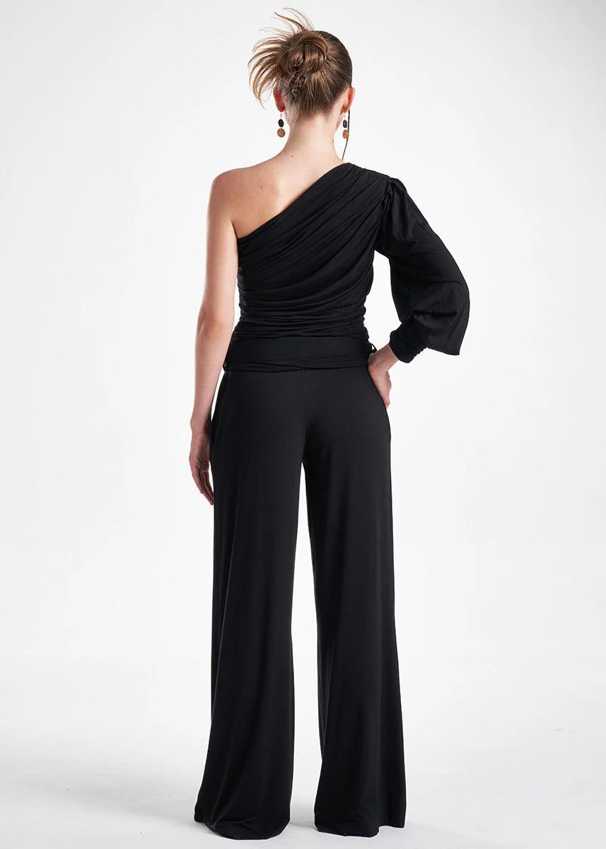 Black Knit 2-Piece Set With An Asymmetrical One-Sleeve Blouse And Palazzo Pants - Image 4