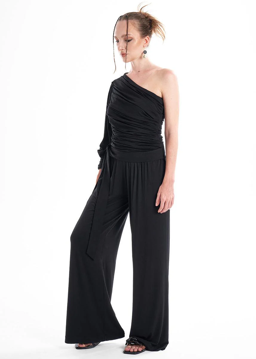 Black Knit 2-Piece Set With An Asymmetrical One-Sleeve Blouse And Palazzo Pants - Image 5