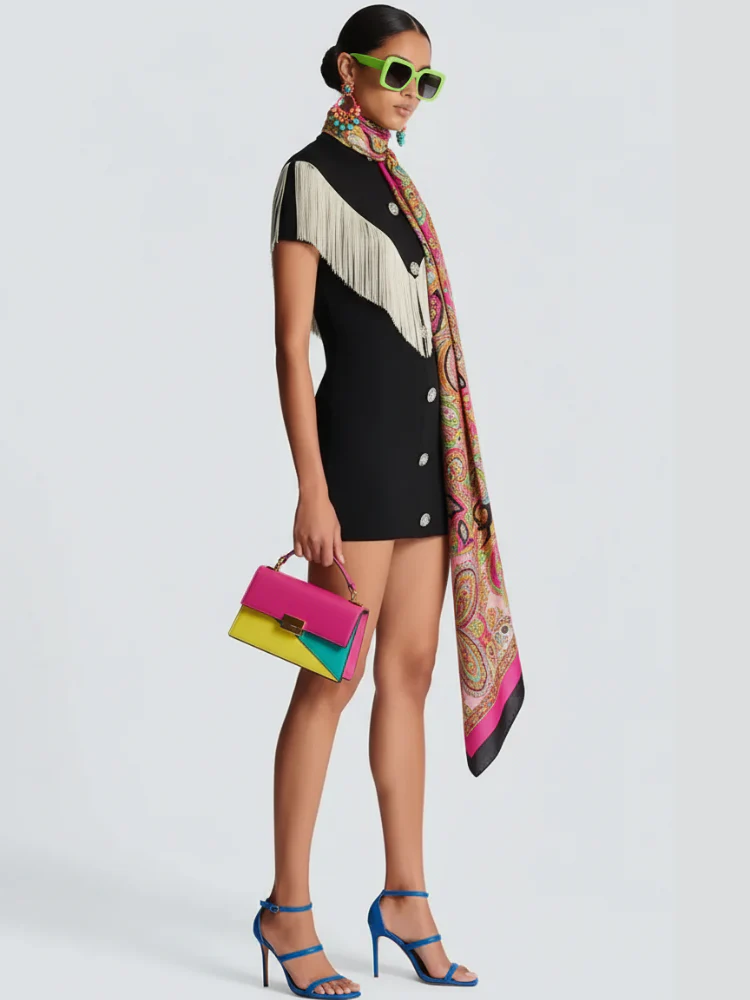 Black Mini Bodycon Dress with Button Tassel For Women, Meatpacking District, BYMANYC New York. - Image 2