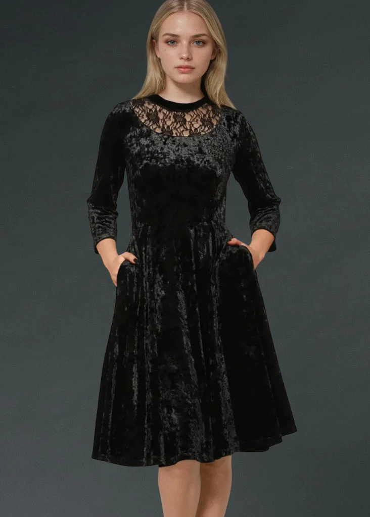 Black Velvet Gothic Dress with Lace Details - Image 2