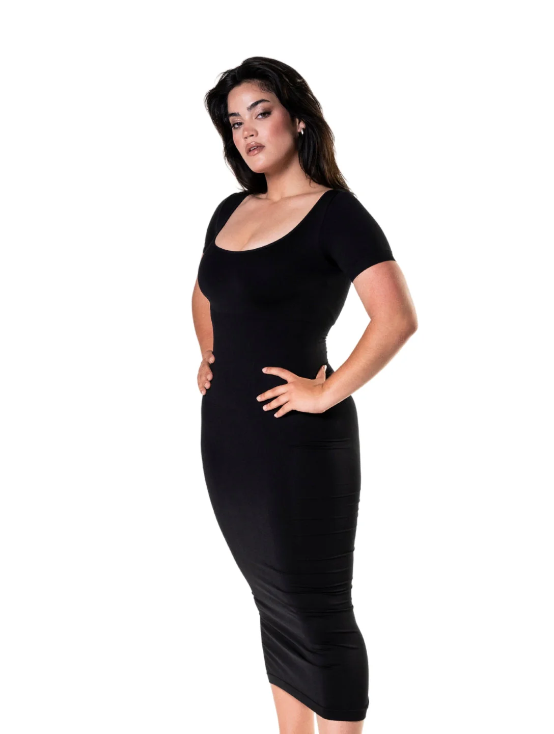 Bodycon Shapewear Midi Slit Dress with Short Sleeves - Image 5