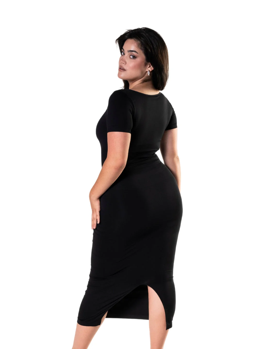 Bodycon Shapewear Midi Slit Dress with Short Sleeves - Image 6