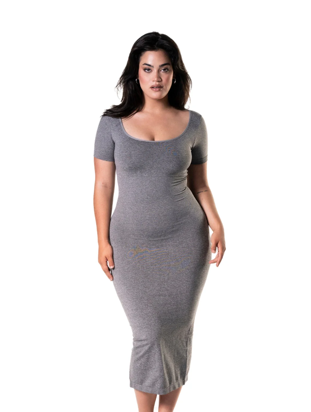 Bodycon Shapewear Midi Slit Dress with Short Sleeves - Image 7