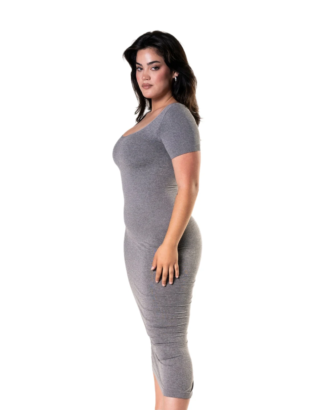 Bodycon Shapewear Midi Slit Dress with Short Sleeves - Image 8