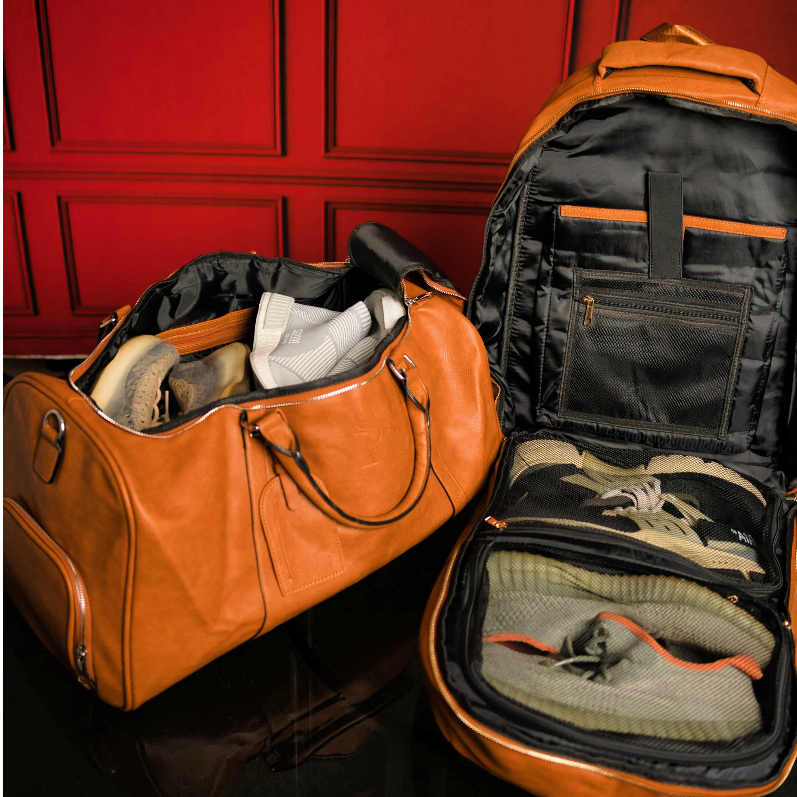 Brown Tumbled Leather 2 Bag Set (Commuter Backpack and Duffle Bag) - Image 2