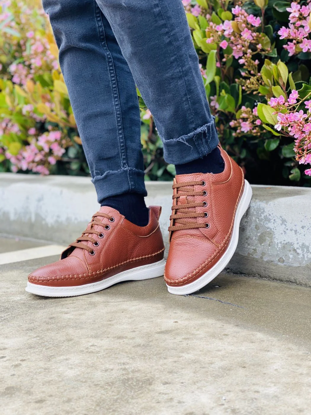 S4313 - Casual 3 Inch Leather Elevator Men's Sneakers - Brown - Image 7