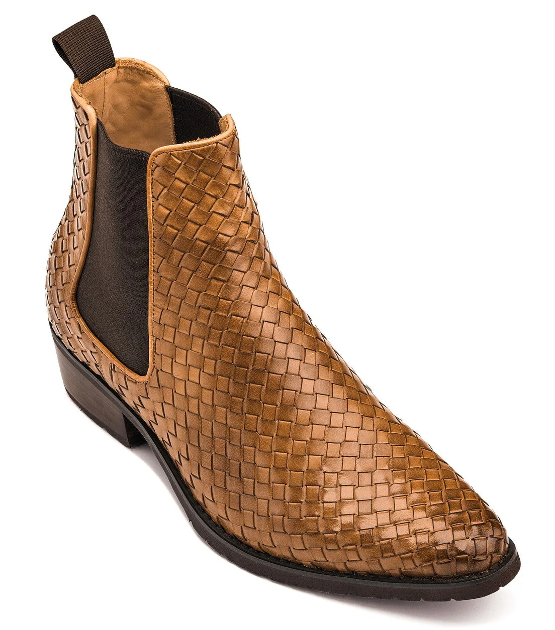 K30522 - 3.3 Inches Taller (Brown) - Woven Chelsea High-Top Slip-On Ankle Men's Boots