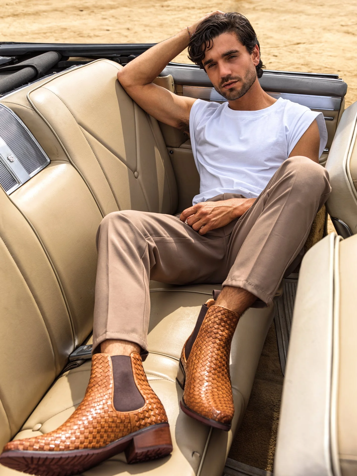 K30522 - 3.3 Inches Taller (Brown) - Woven Chelsea High-Top Slip-On Ankle Men's Boots - Image 11