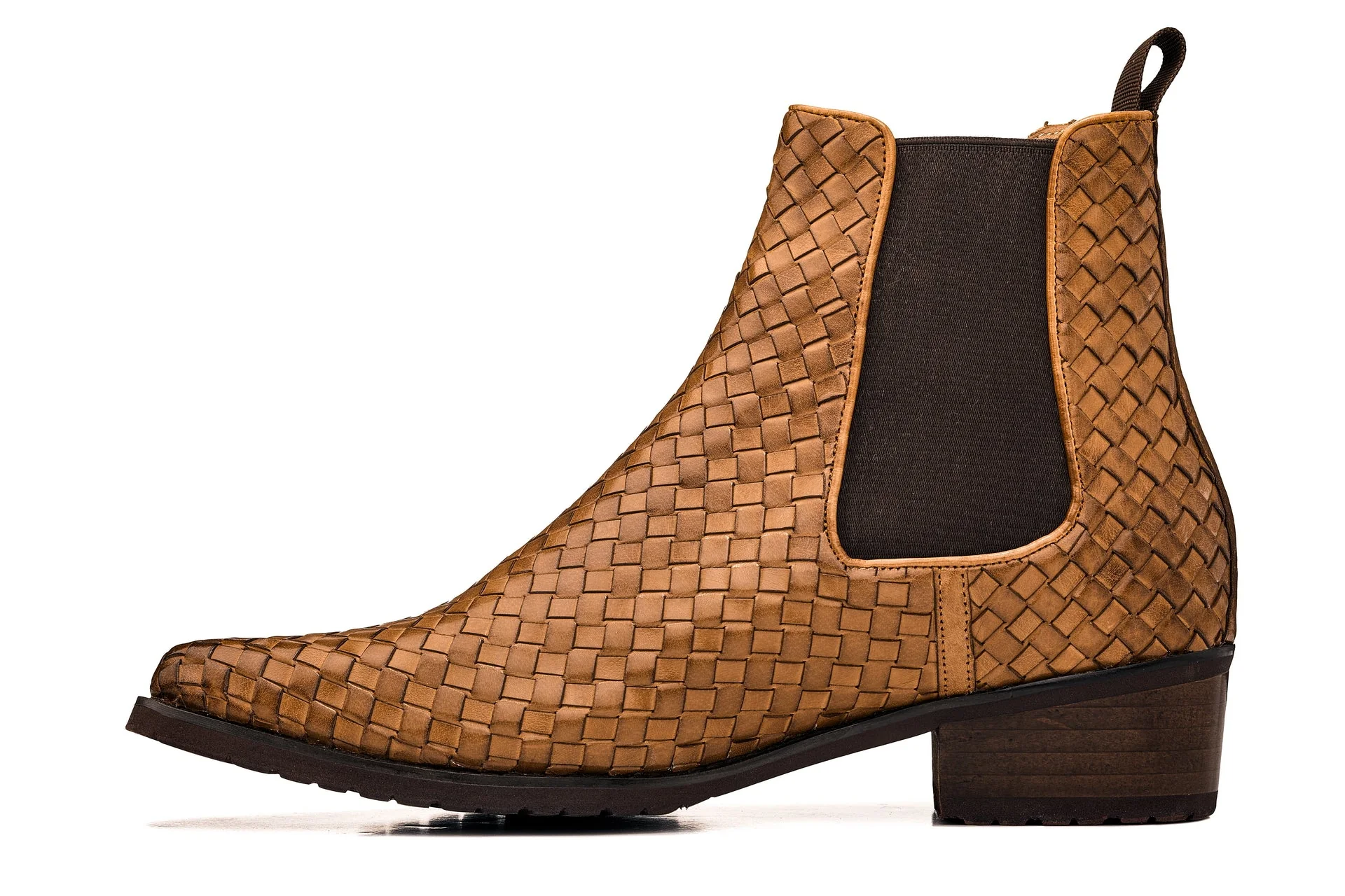 K30522 - 3.3 Inches Taller (Brown) - Woven Chelsea High-Top Slip-On Ankle Men's Boots - Image 3