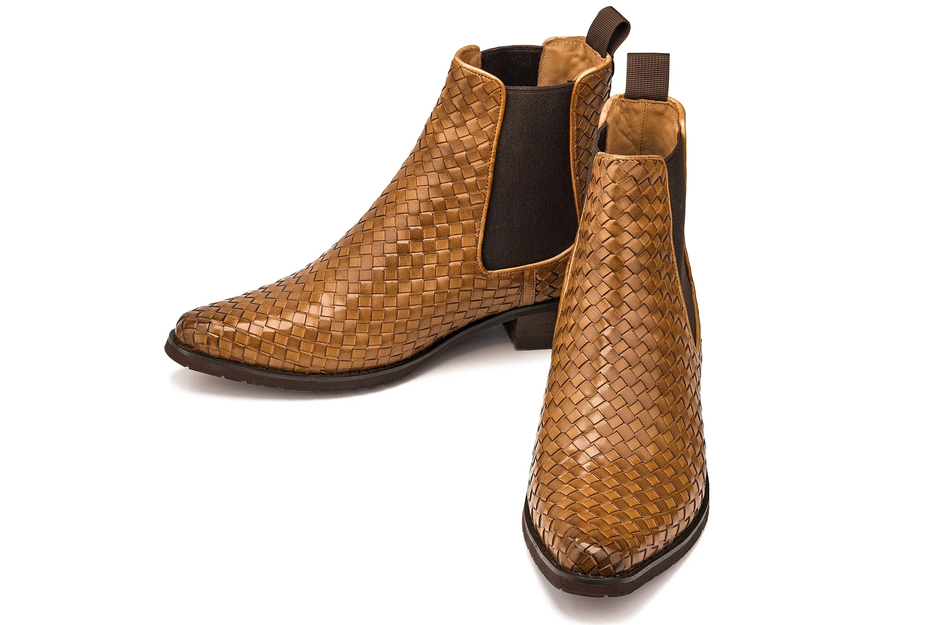 K30522 - 3.3 Inches Taller (Brown) - Woven Chelsea High-Top Slip-On Ankle Men's Boots - Image 5