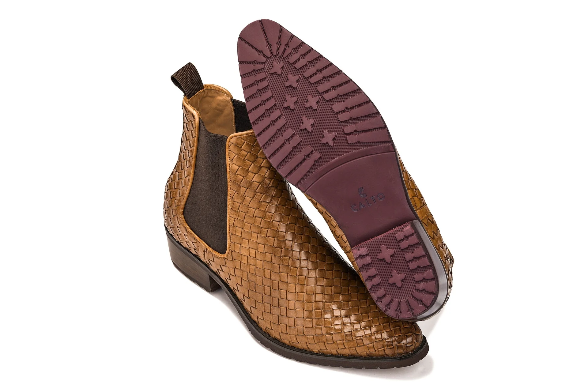 K30522 - 3.3 Inches Taller (Brown) - Woven Chelsea High-Top Slip-On Ankle Men's Boots - Image 6