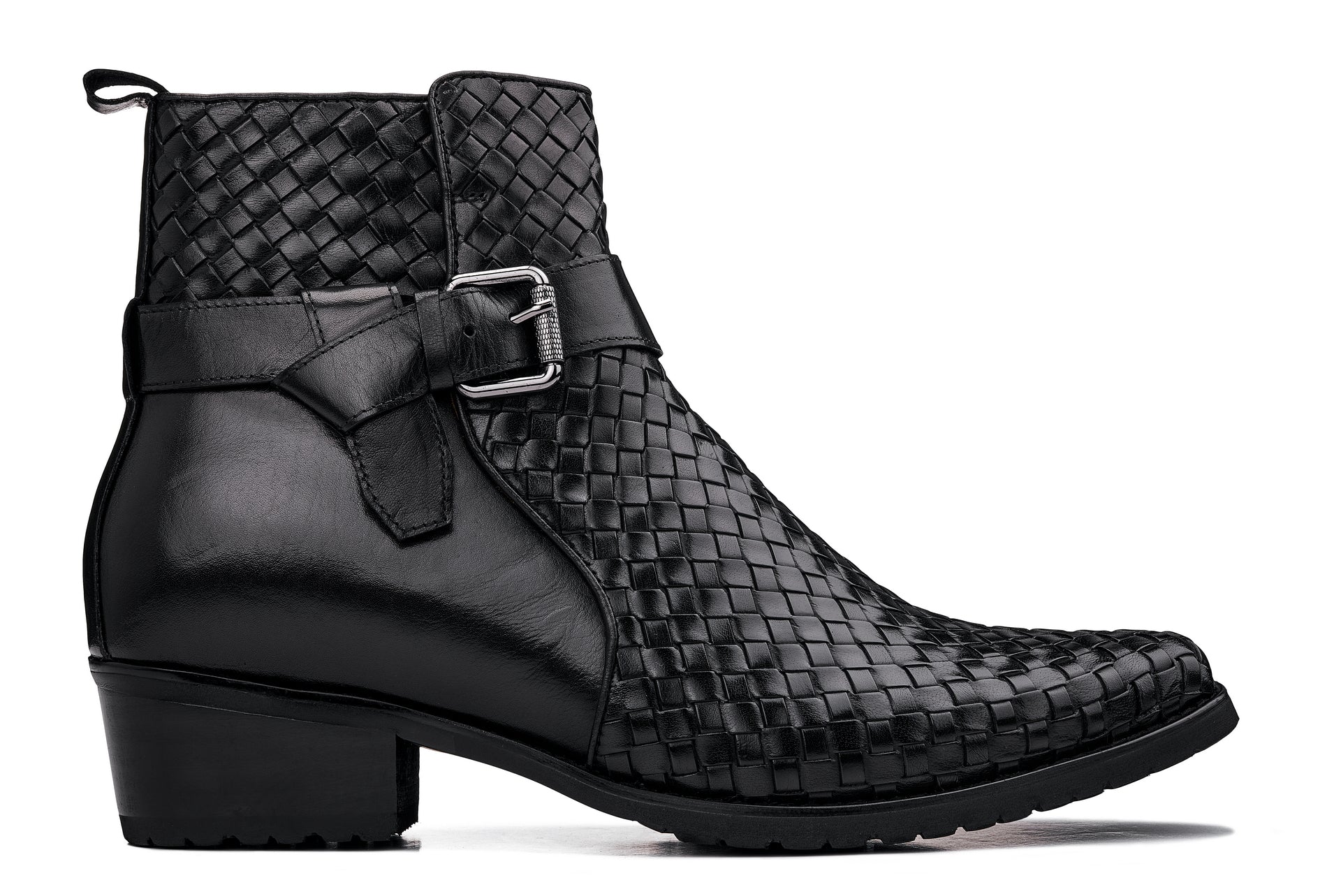 K30523 - 3.3 Inches Taller (Black) - Woven High-Top Ankle Buckle Zipper Men's Boots - Image 2