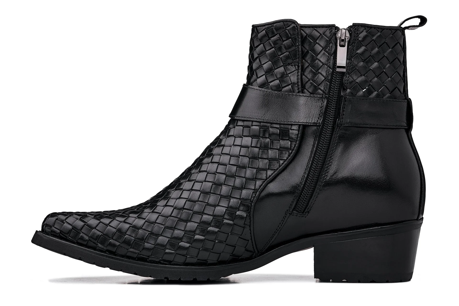 K30523 - 3.3 Inches Taller (Black) - Woven High-Top Ankle Buckle Zipper Men's Boots - Image 3