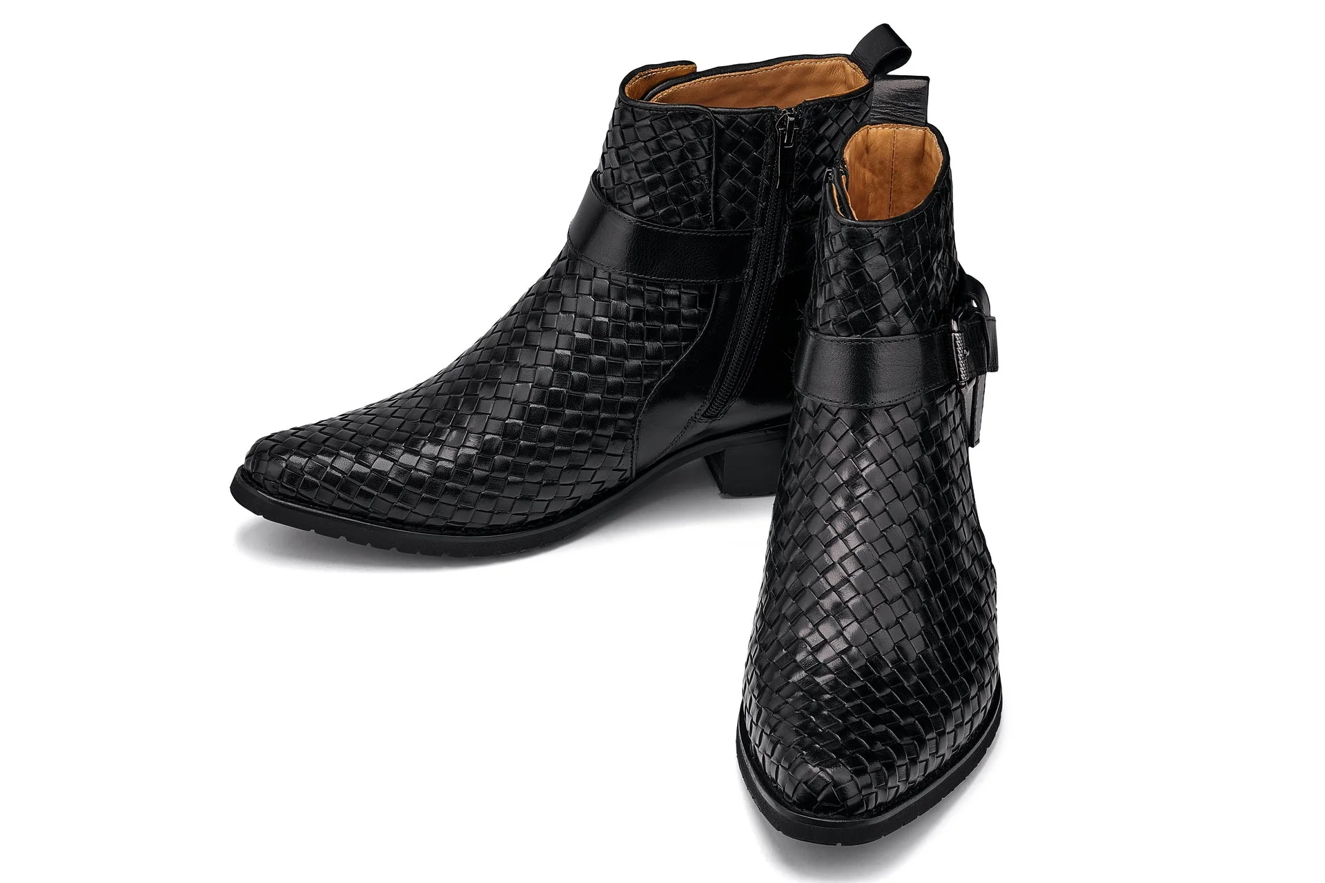 K30523 - 3.3 Inches Taller (Black) - Woven High-Top Ankle Buckle Zipper Men's Boots - Image 5