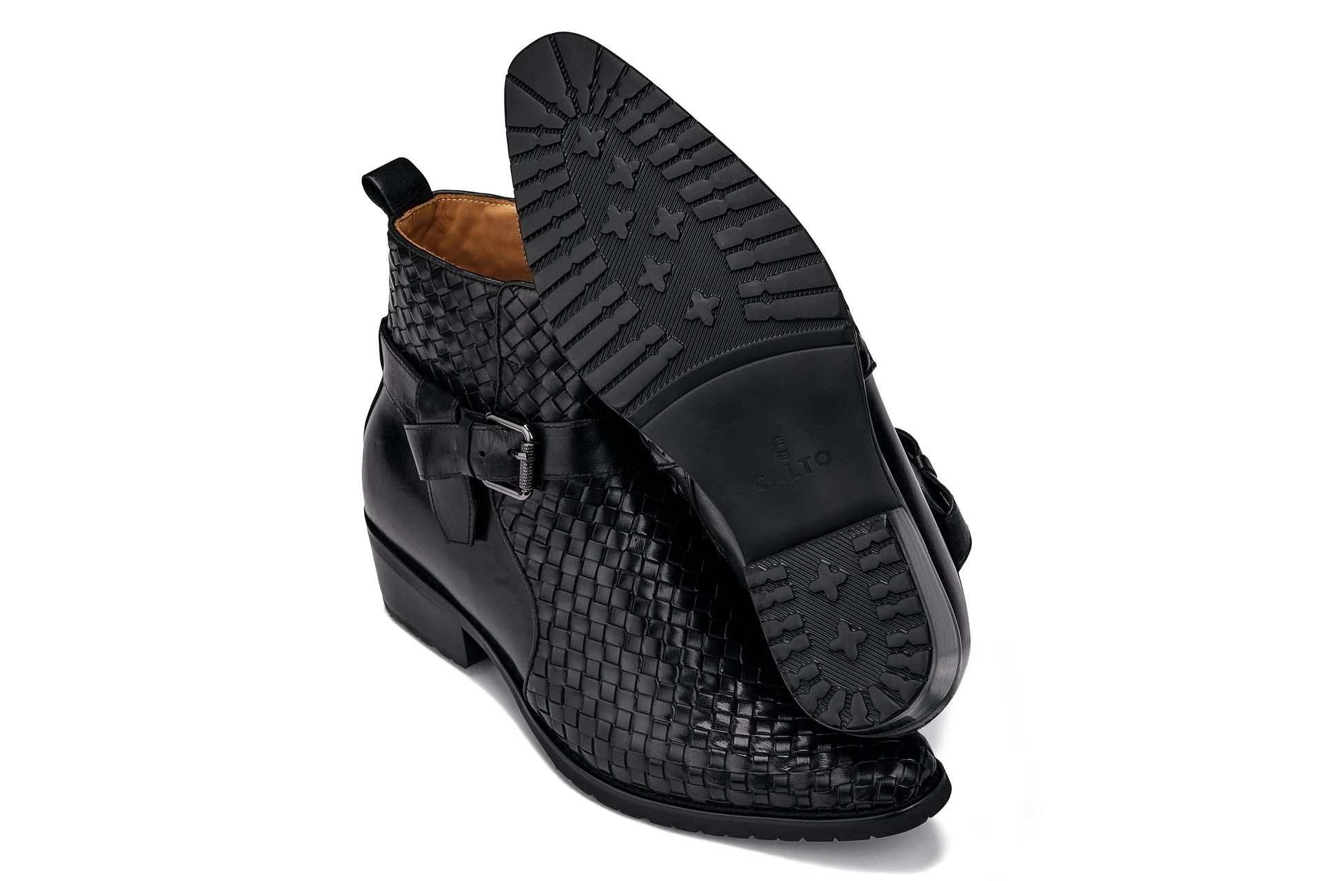 K30523 - 3.3 Inches Taller (Black) - Woven High-Top Ankle Buckle Zipper Men's Boots - Image 6