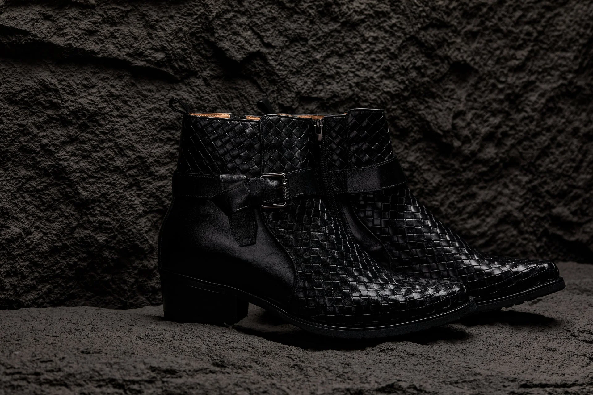 K30523 - 3.3 Inches Taller (Black) - Woven High-Top Ankle Buckle Zipper Men's Boots - Image 7