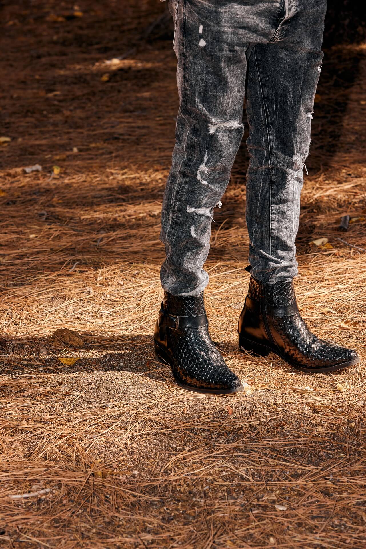 K30523 - 3.3 Inches Taller (Black) - Woven High-Top Ankle Buckle Zipper Men's Boots - Image 9