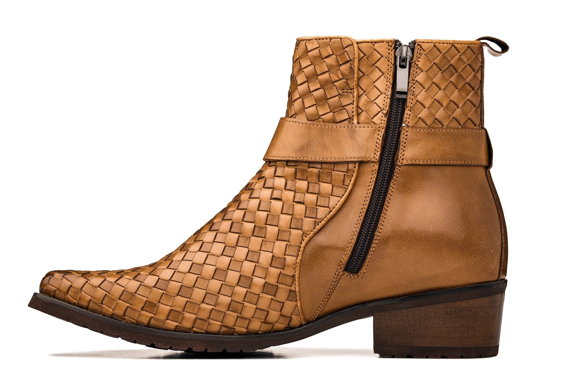 K30524 - 3.3 Inches Taller (Light Brown) - Woven Buckle High-Top Ankle Zip-Up Men's Boots - Image 3