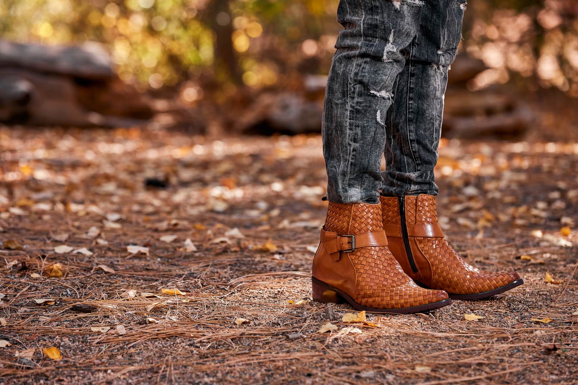 K30524 - 3.3 Inches Taller (Light Brown) - Woven Buckle High-Top Ankle Zip-Up Men's Boots - Image 9