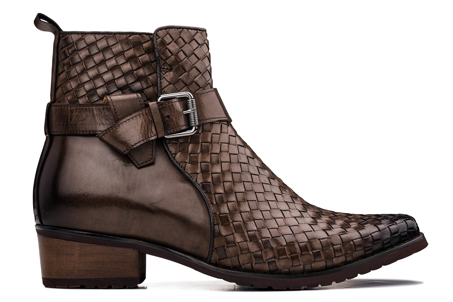 K30525 - 3.3 Inches Taller (Coffee Brown) - Woven High-Top Buckle Zipper Ankle Men's Boots - Image 2