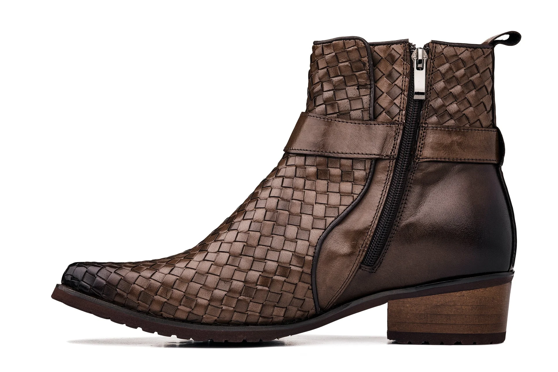 K30525 - 3.3 Inches Taller (Coffee Brown) - Woven High-Top Buckle Zipper Ankle Men's Boots - Image 3