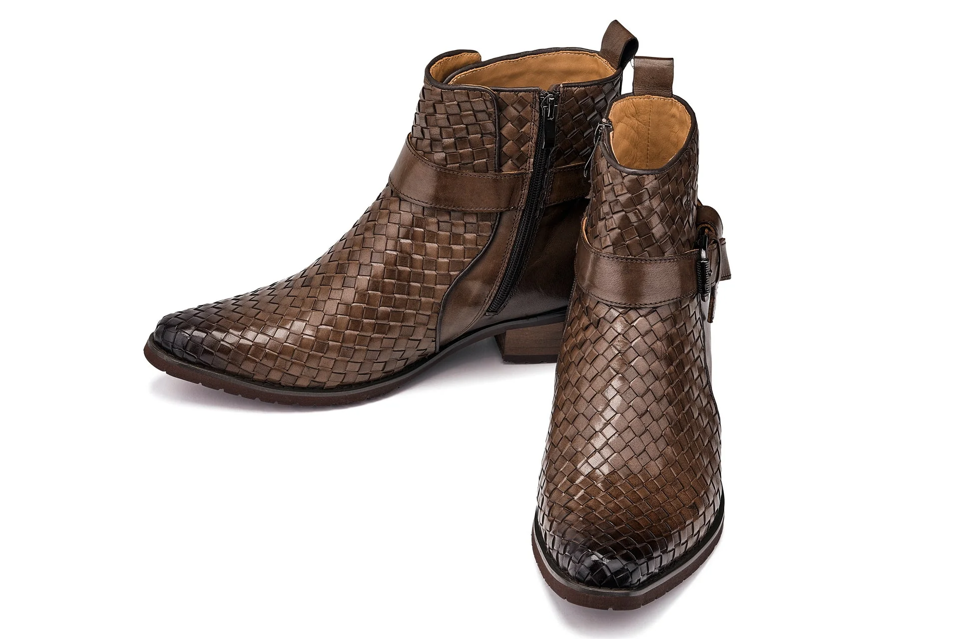 K30525 - 3.3 Inches Taller (Coffee Brown) - Woven High-Top Buckle Zipper Ankle Men's Boots - Image 5