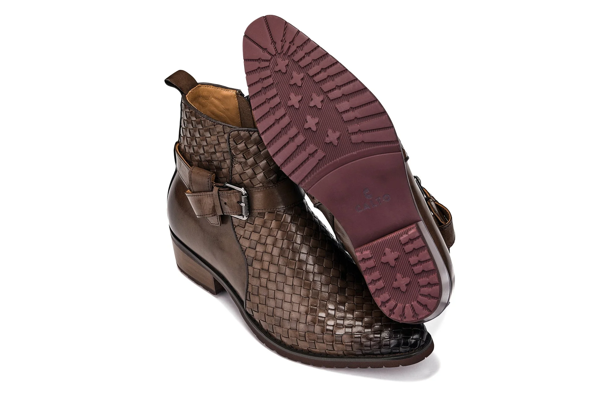 K30525 - 3.3 Inches Taller (Coffee Brown) - Woven High-Top Buckle Zipper Ankle Men's Boots - Image 6